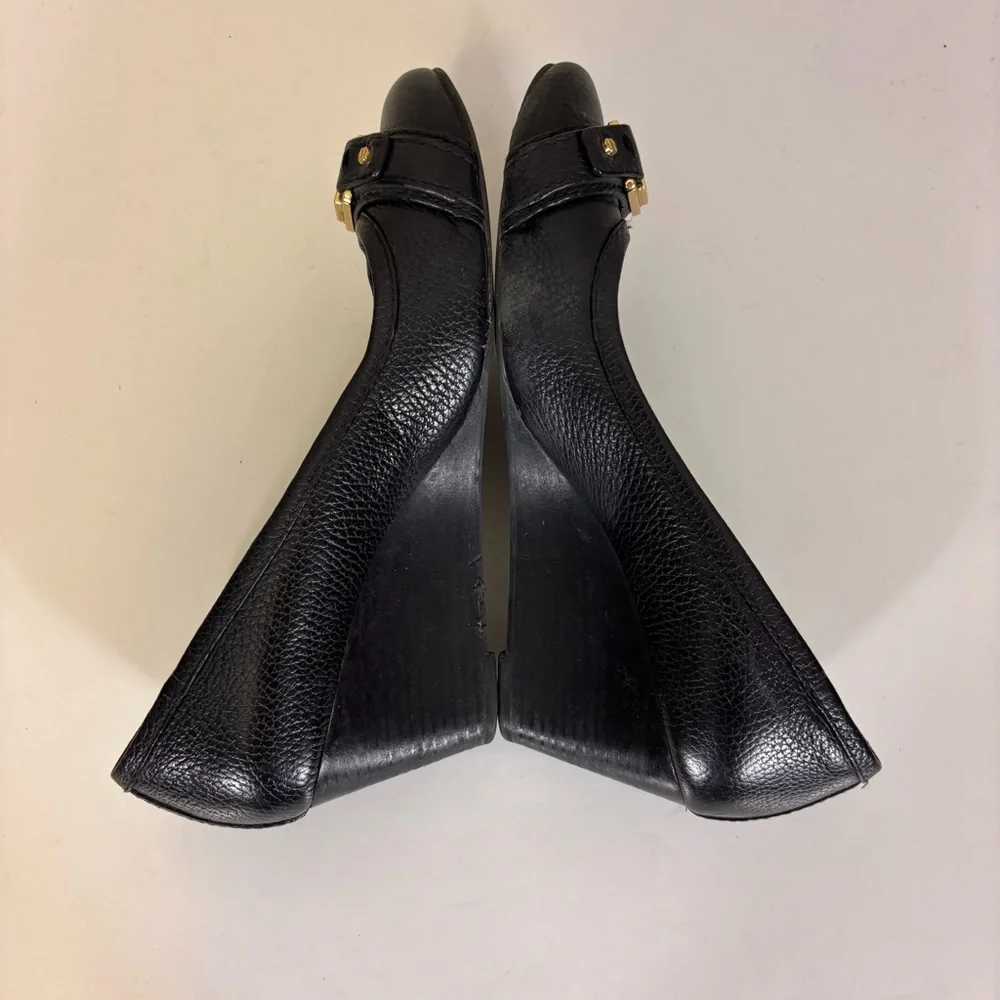 Tory Burch Black Leather Wedge Pumps with Gold Logo Trim 8.5‎